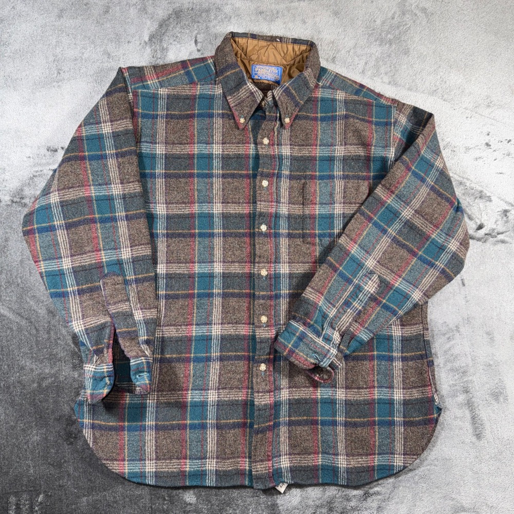 Vintage Pendleton Wool Plaid Shirt Mens XL Brown Teal Button Down Made in USA